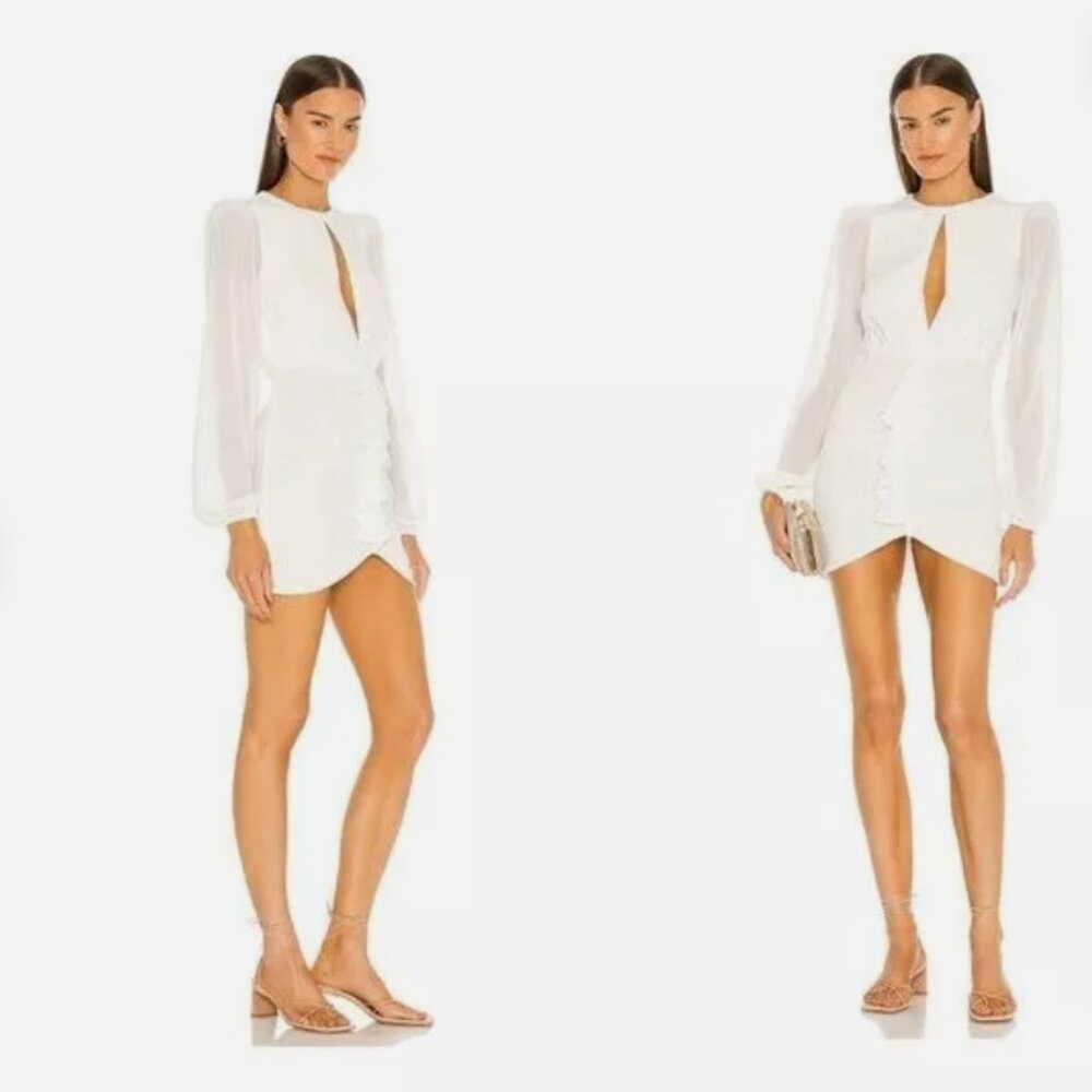 Revolve Arijana keyhole cut slit long sleeve ruffle mini white cocktail dress